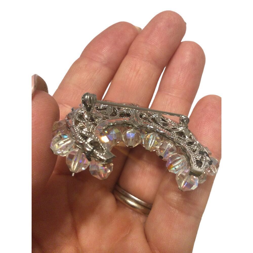 Vtg Glass bead brooch pin half moon crescent silver celestial astrology Islam 2" - Picture 6 of 9